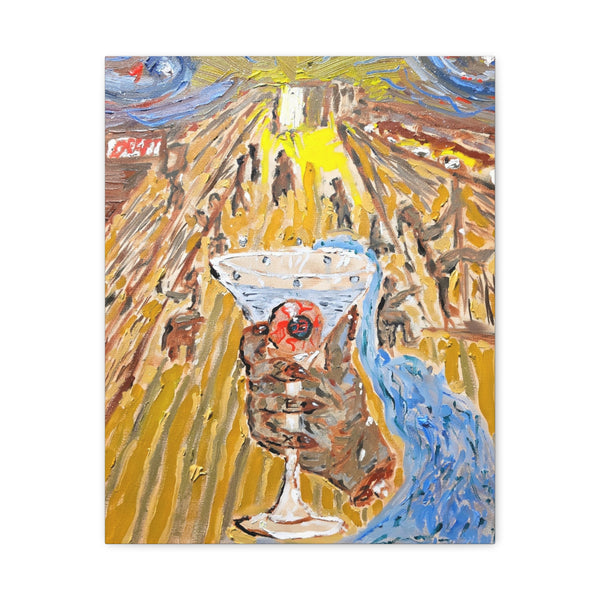 Surreal Cocktail Canvas Print — Hand Holding Glass in Golden Alley