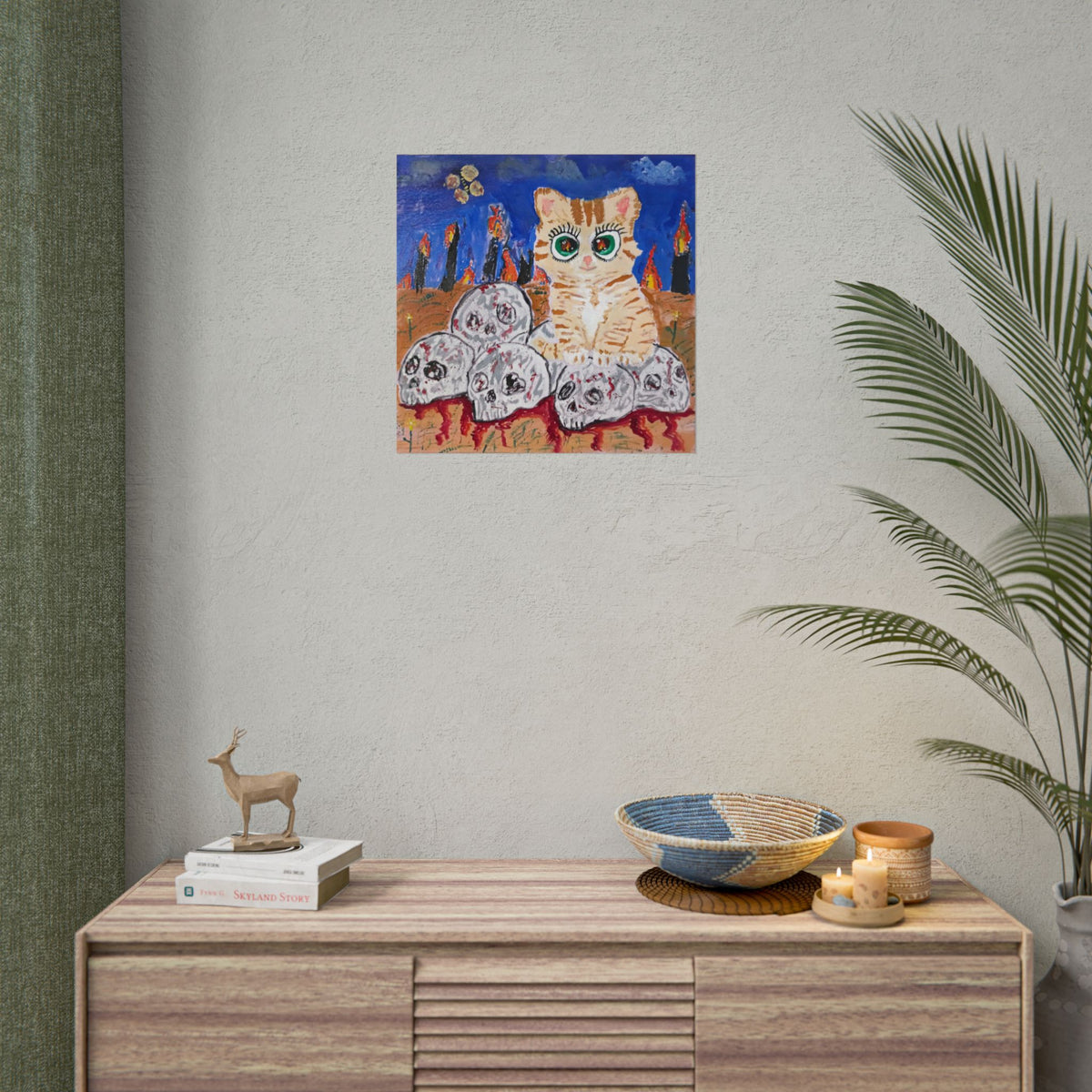 Cat on Skulls Rolled Poster — Whimsical Gothic Art Print