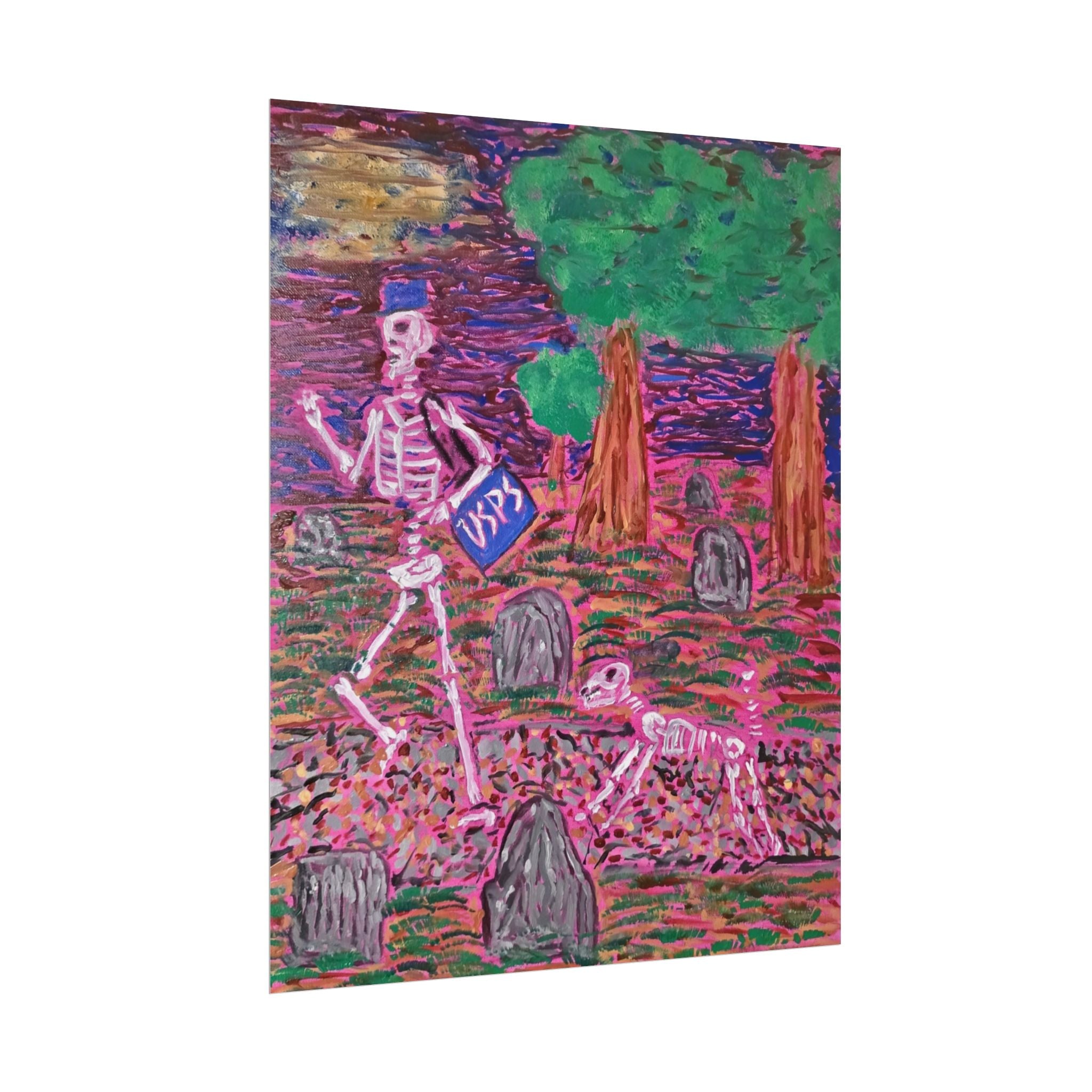 Skeleton Walk Poster — Colorful Graveyard Art Print (Rolled Poster)