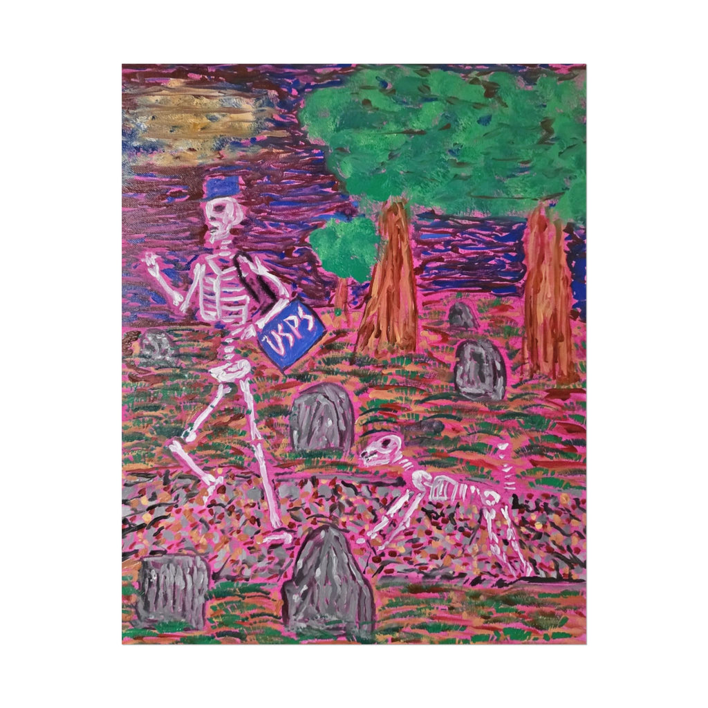 Skeleton Walk Poster — Colorful Graveyard Art Print (Rolled Poster)