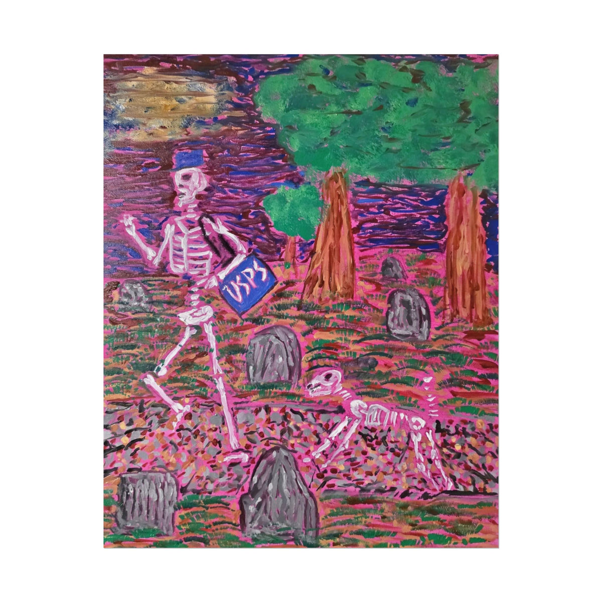 Skeleton Walk Poster — Colorful Graveyard Art Print (Rolled Poster)