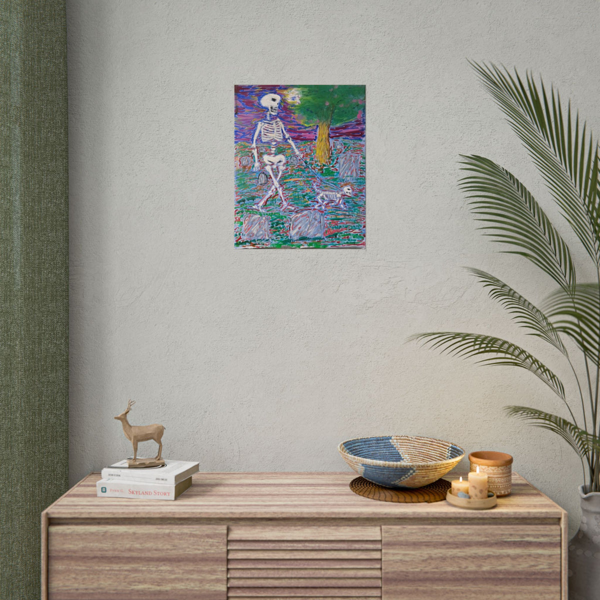 Skeleton Walk Poster — Colorful Graveyard Art Print (Rolled Poster)