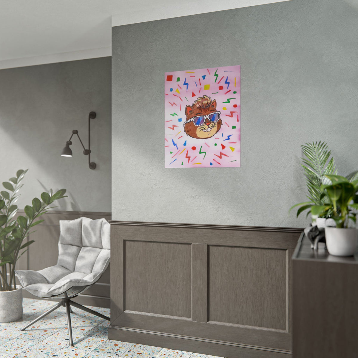 Rolled Poster — Retro Cool Cat Art Print (Pink Confetti)