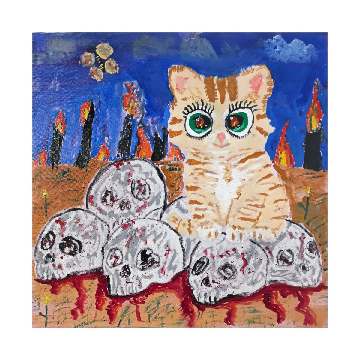 Cat on Skulls Rolled Poster — Whimsical Gothic Art Print