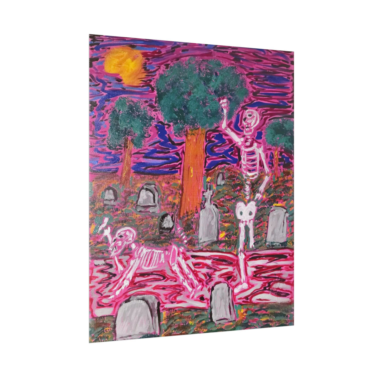 Rolled Poster — Neon Skeleton Graveyard Art Print
