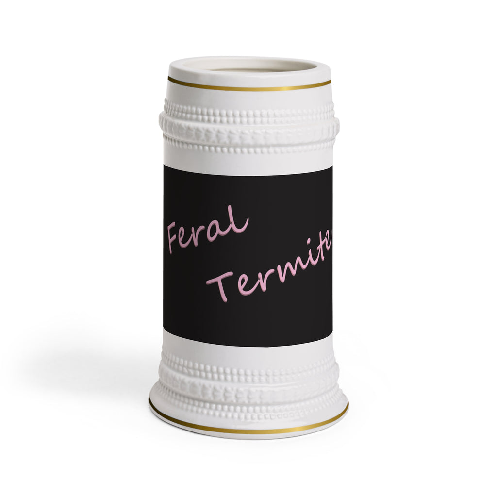Feral Termite Stein Mug — Retro Script Black & Pink Ceramic Beer Stein