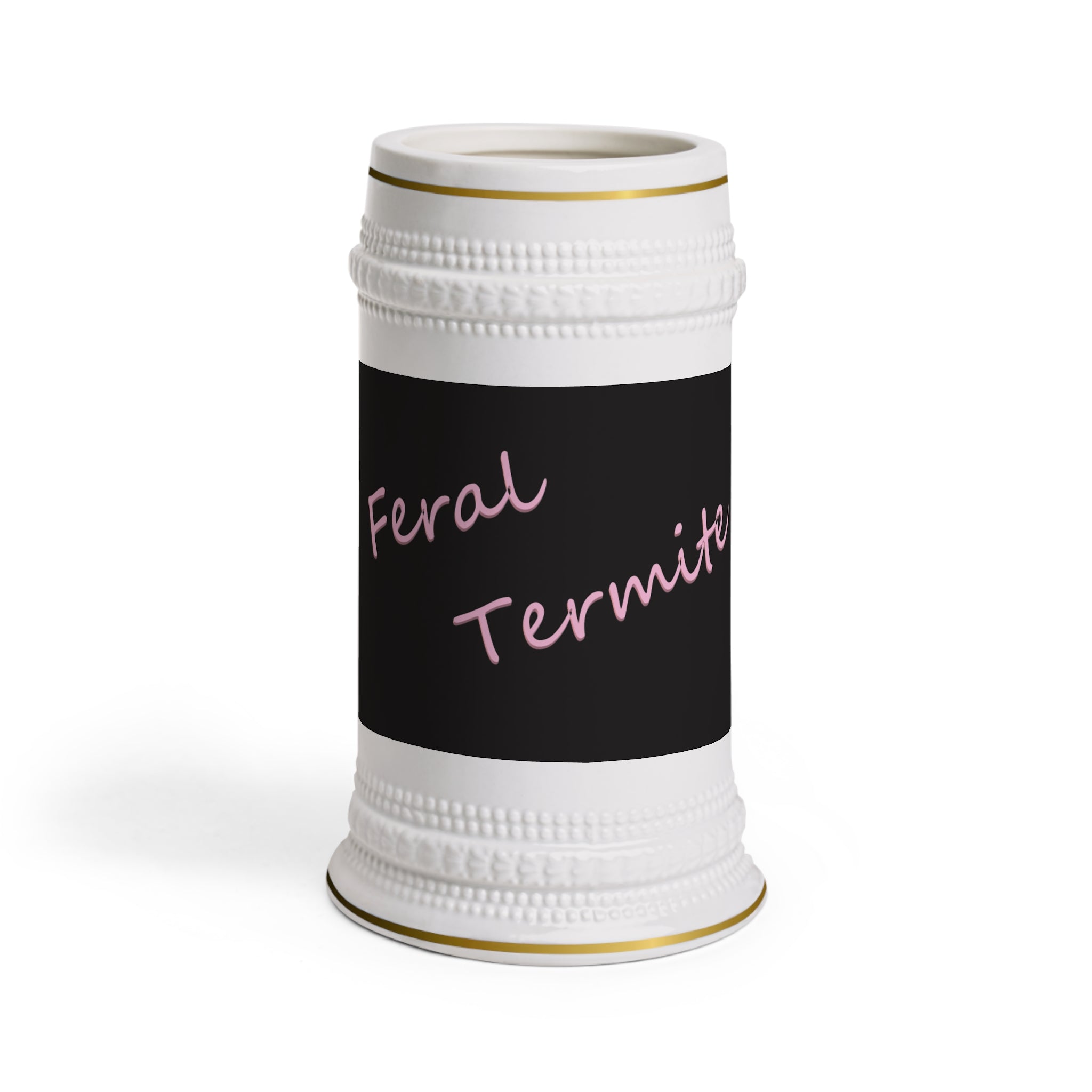 Feral Termite Stein Mug — Retro Script Black & Pink Ceramic Beer Stein