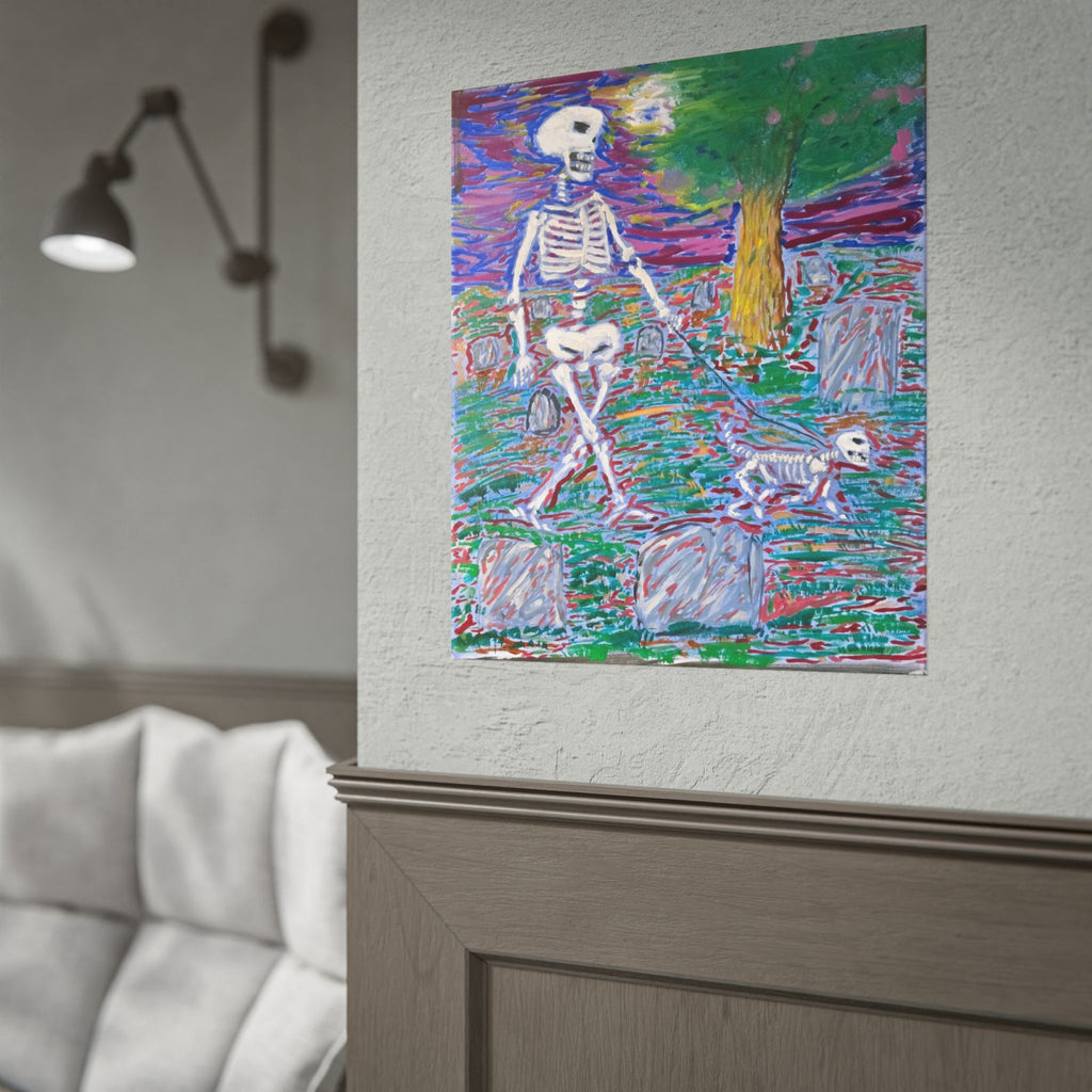 Skeleton Walk Poster — Colorful Graveyard Art Print (Rolled Poster)