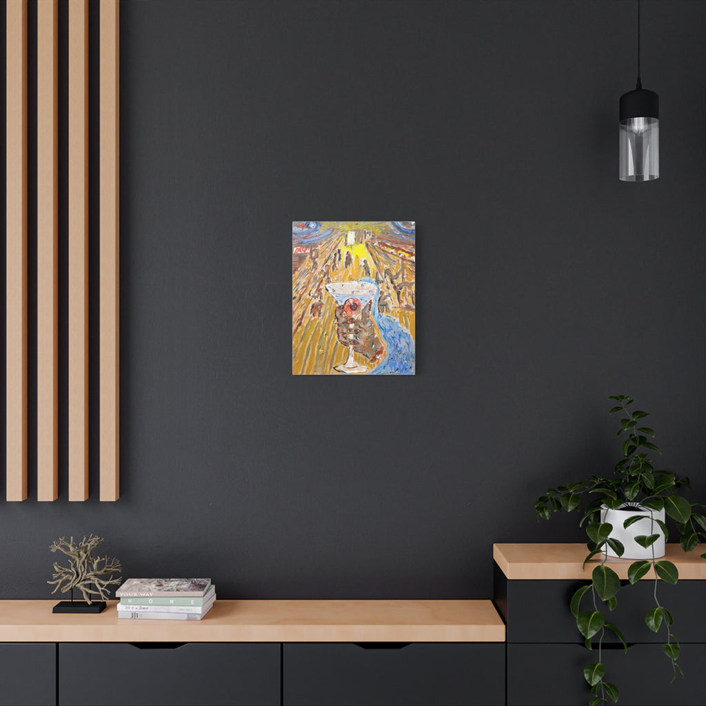 Surreal Cocktail Canvas Print — Hand Holding Glass in Golden Alley