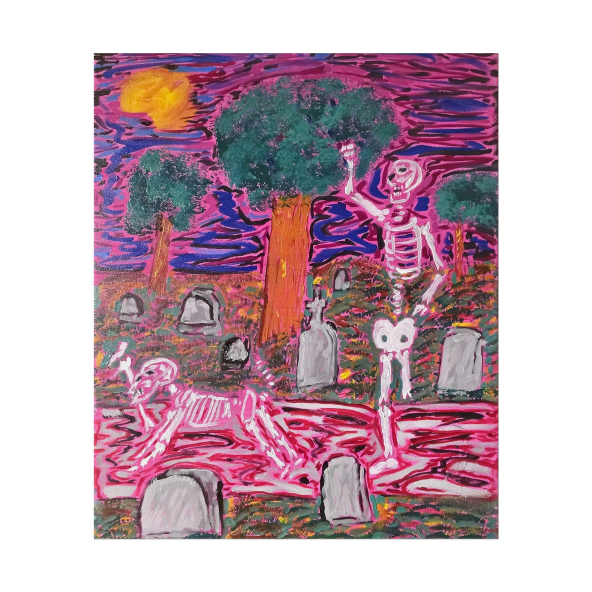 Rolled Poster — Neon Skeleton Graveyard Art Print