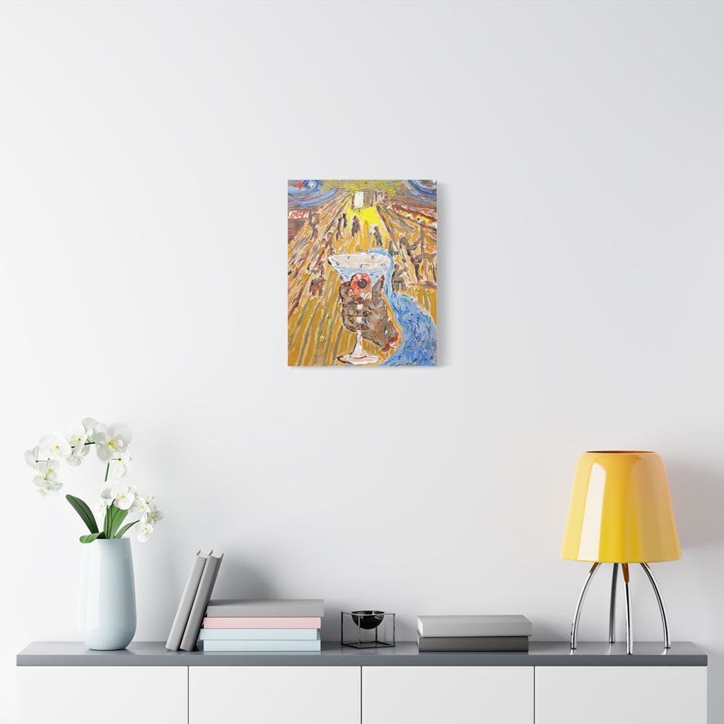 Surreal Cocktail Canvas Print — Hand Holding Glass in Golden Alley