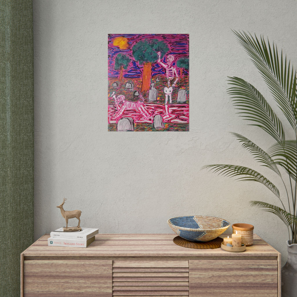 Rolled Poster — Neon Skeleton Graveyard Art Print