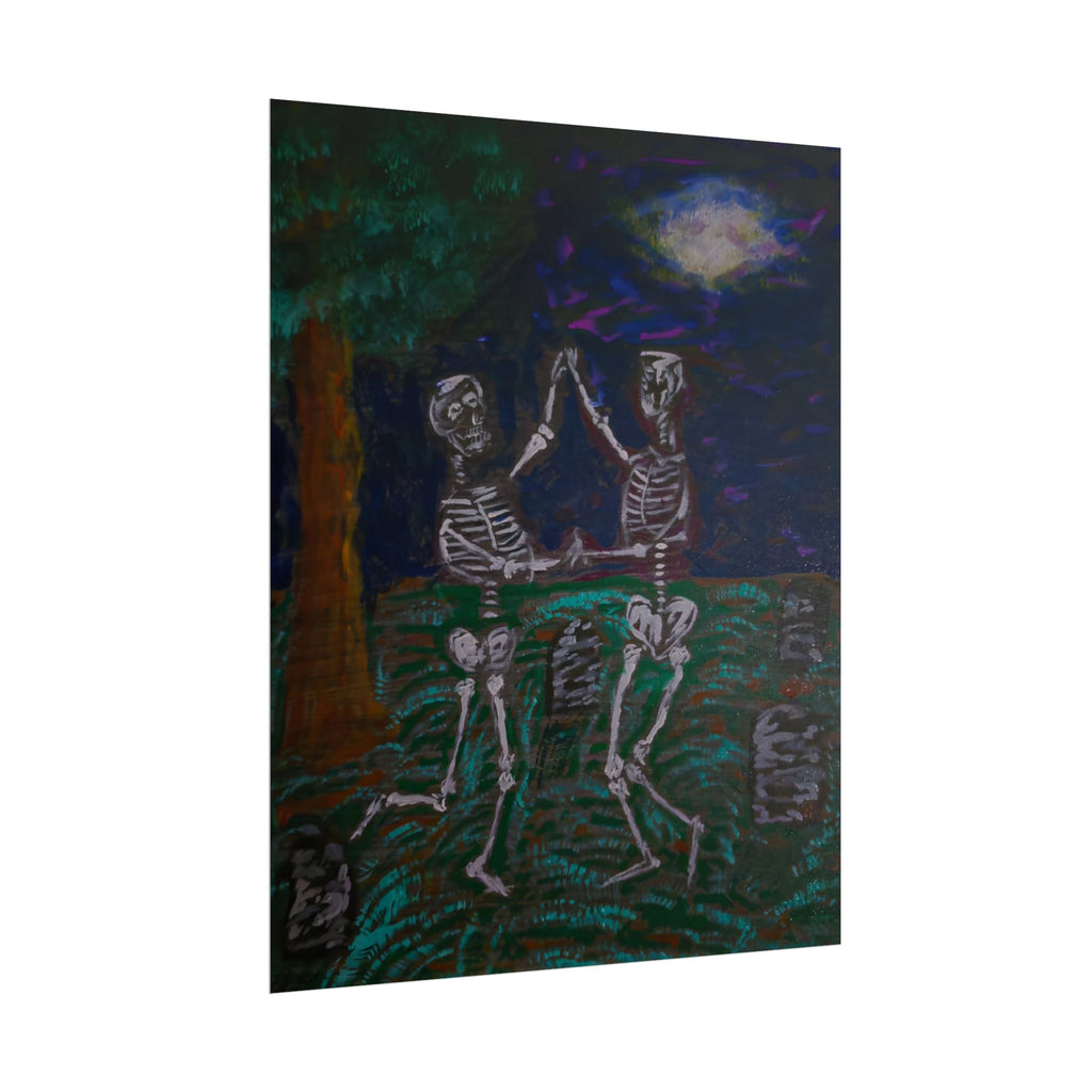 Skeleton Friends Cemetery Rolled Poster — Spooky Gothic Art Print