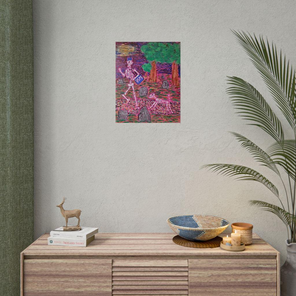 Skeleton Walk Poster — Colorful Graveyard Art Print (Rolled Poster)