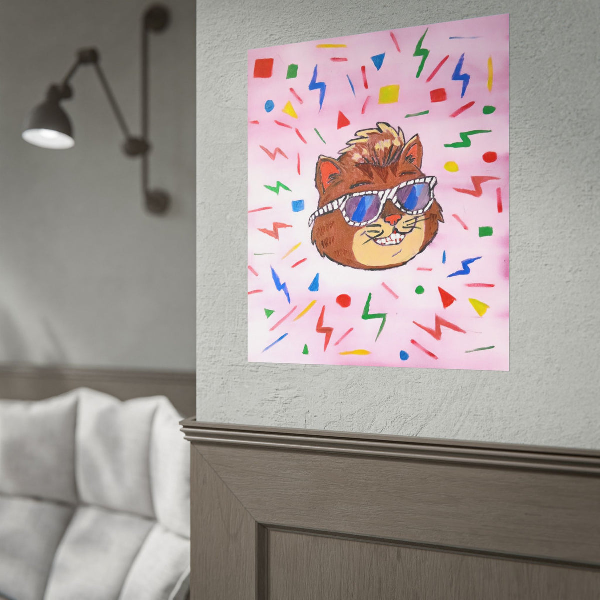 Rolled Poster — Retro Cool Cat Art Print (Pink Confetti)
