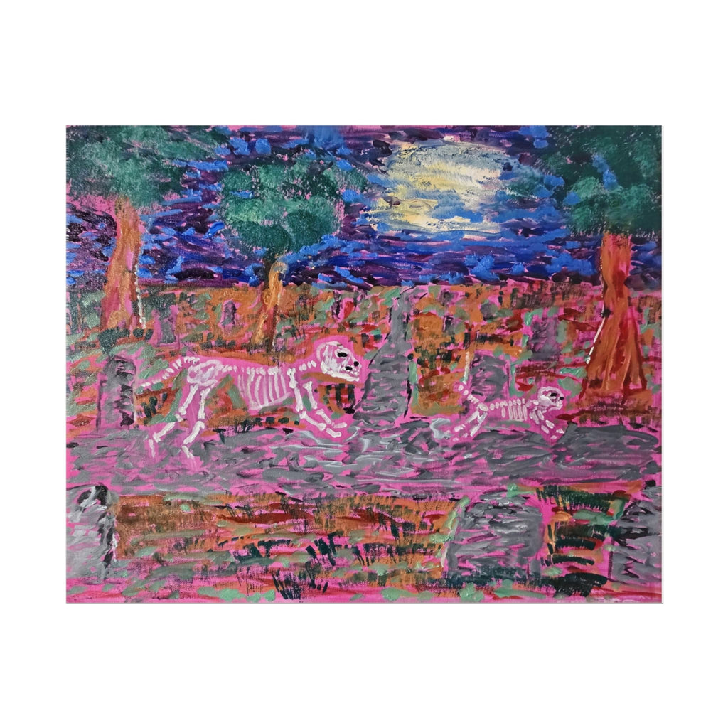 Rolled Poster — Neon Skeleton Dog and Cat Moonlit Cemetery Art Print