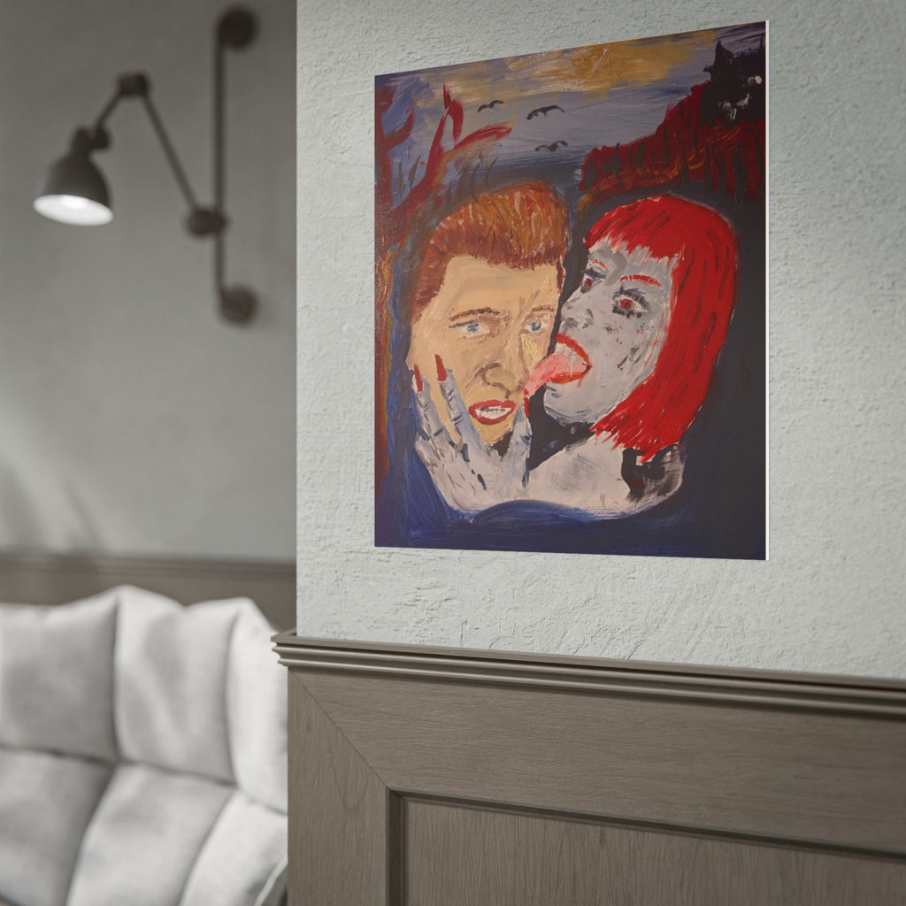 Horror Art Poster — Vampire Woman Licking Man | Tasty Treat "O"