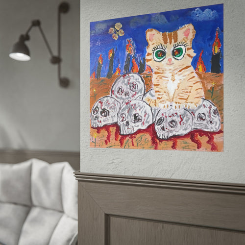 Cat on Skulls Rolled Poster — Whimsical Gothic Art Print