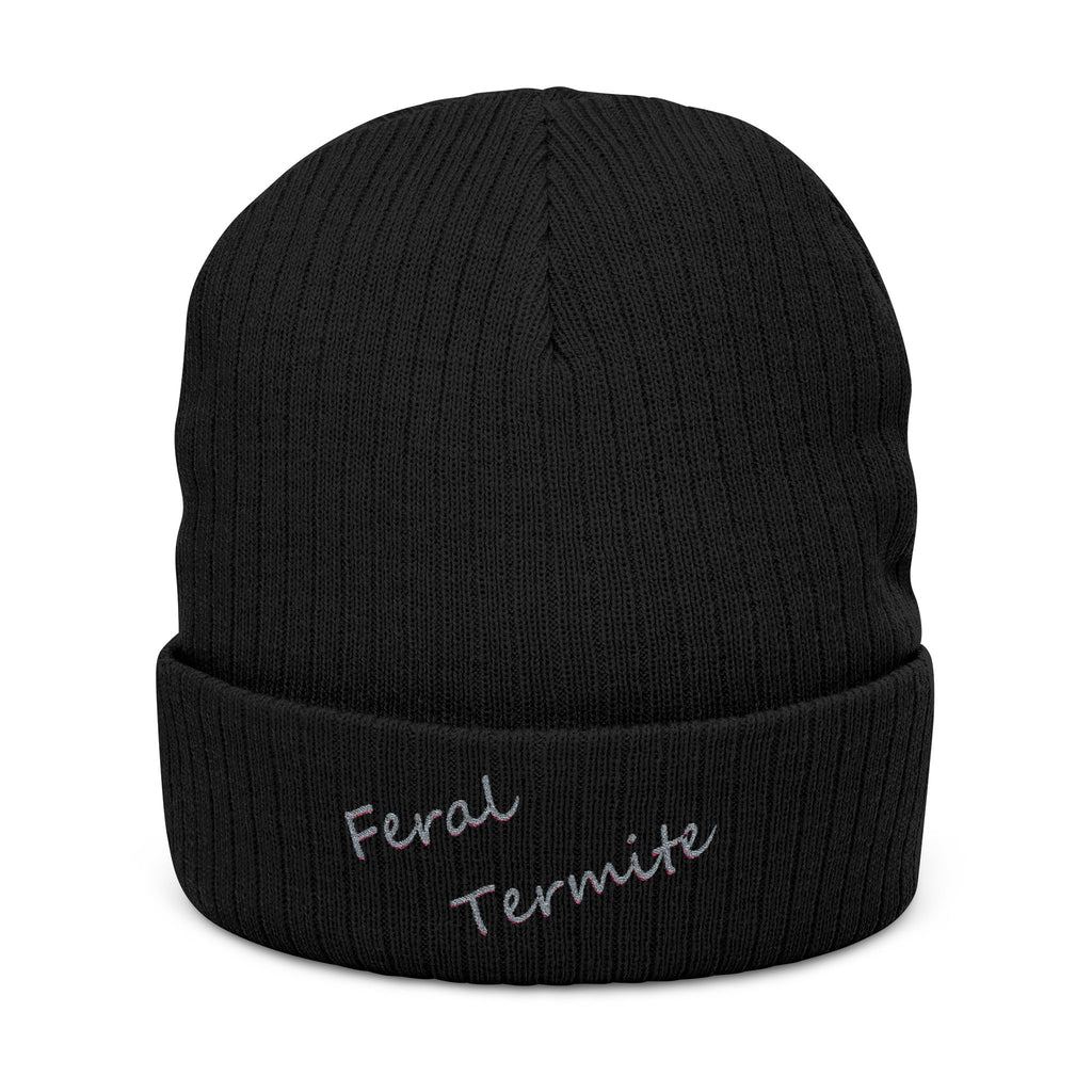 Embroidered 'Feral Termite' Ribbed Knit Beanie — Cozy Streetwear Winter Hat