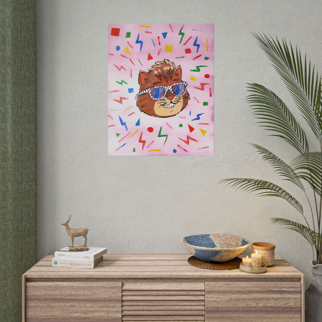 Rolled Poster — Retro Cool Cat Art Print (Pink Confetti)