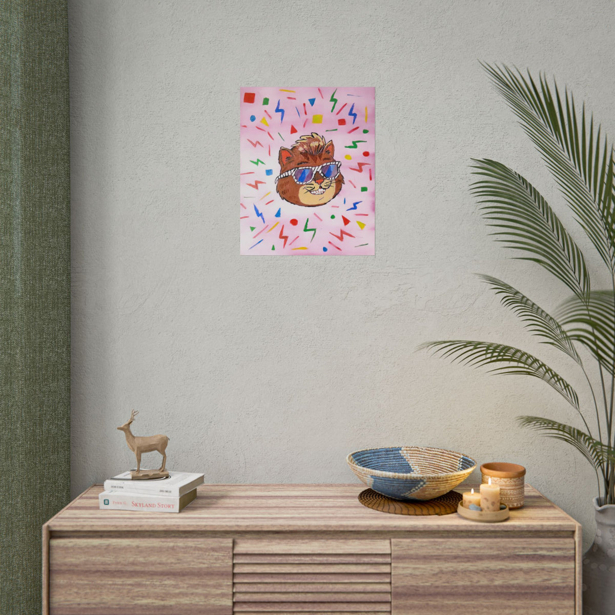 Rolled Poster — Retro Cool Cat Art Print (Pink Confetti)