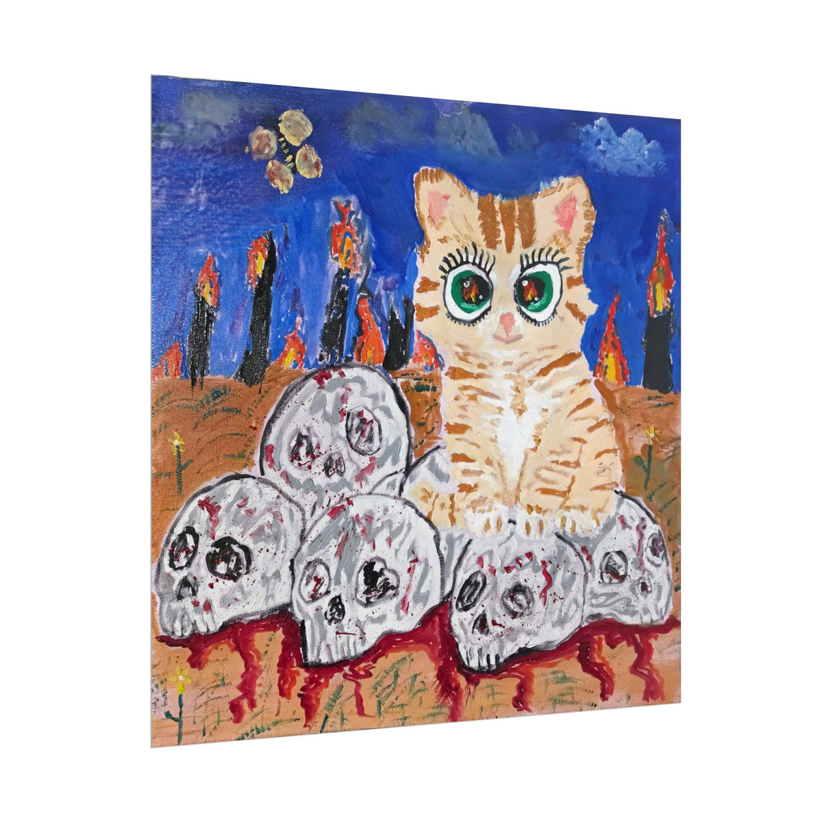 Cat on Skulls Rolled Poster — Whimsical Gothic Art Print