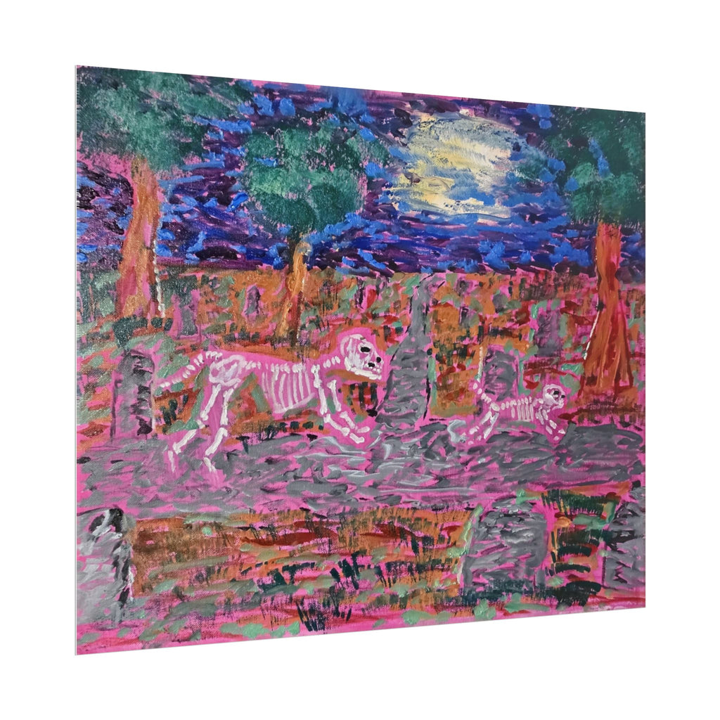 Rolled Poster — Neon Skeleton Dog and Cat Moonlit Cemetery Art Print