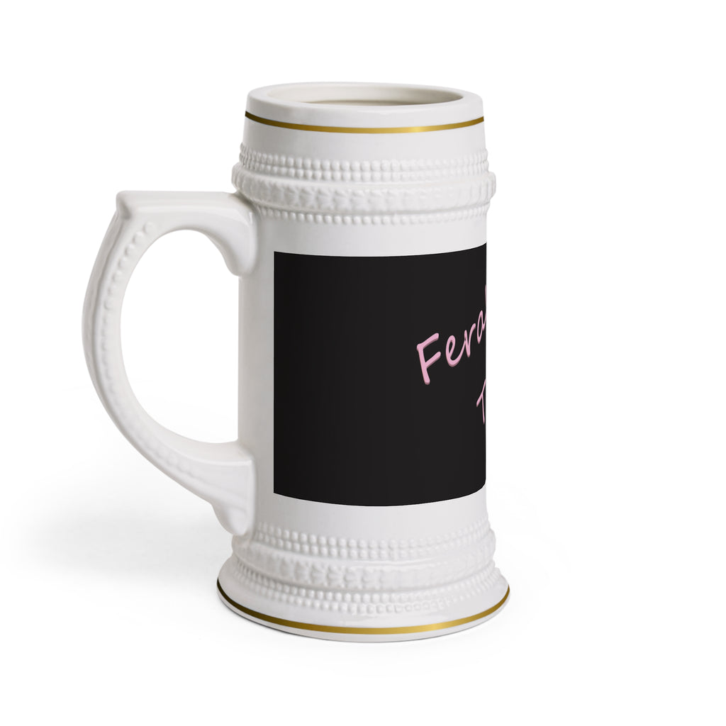 Feral Termite Stein Mug — Retro Script Black & Pink Ceramic Beer Stein