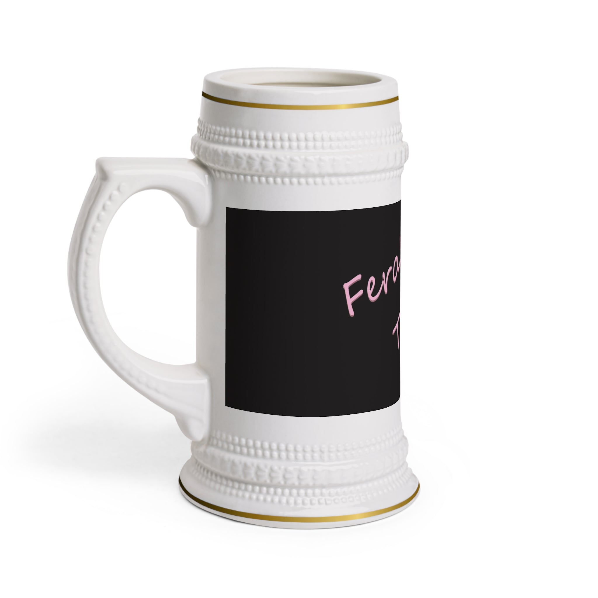 Feral Termite Stein Mug — Retro Script Black & Pink Ceramic Beer Stein