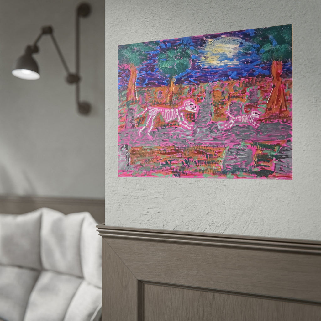 Rolled Poster — Neon Skeleton Dog and Cat Moonlit Cemetery Art Print