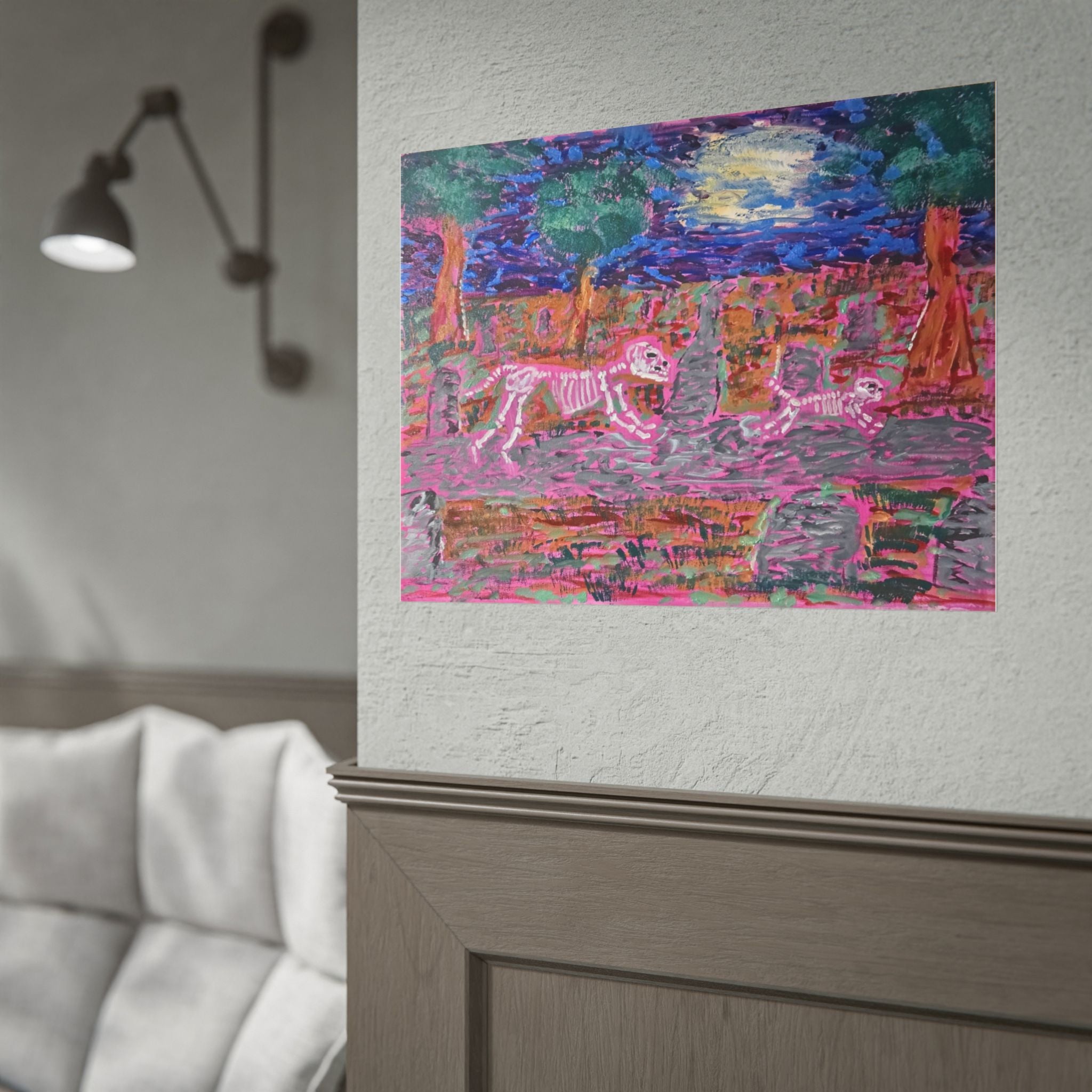 Rolled Poster — Neon Skeleton Dog and Cat Moonlit Cemetery Art Print